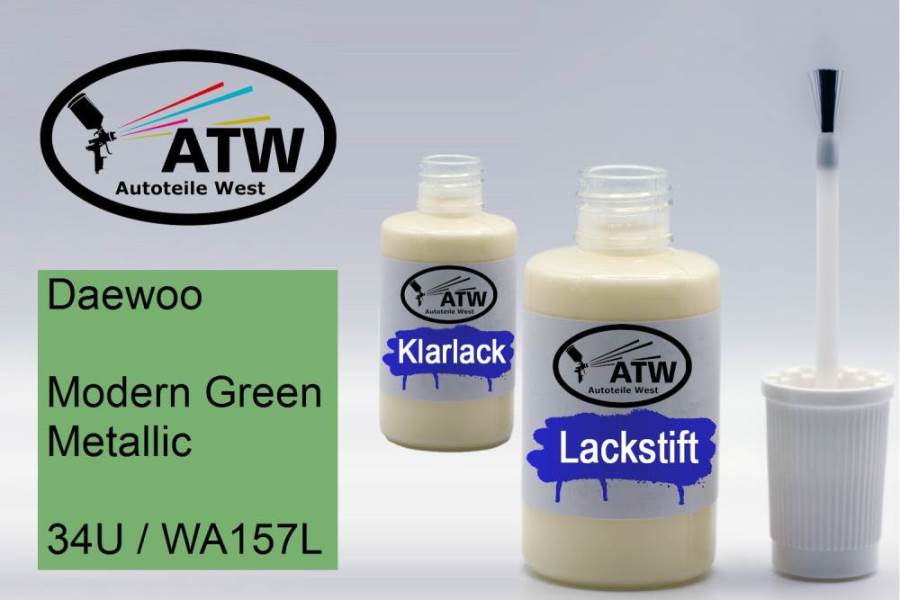 Daewoo, Modern Green Metallic, 34U / WA157L: 20ml Lackstift + 20ml Klarlack - Set, von ATW Autoteile West.